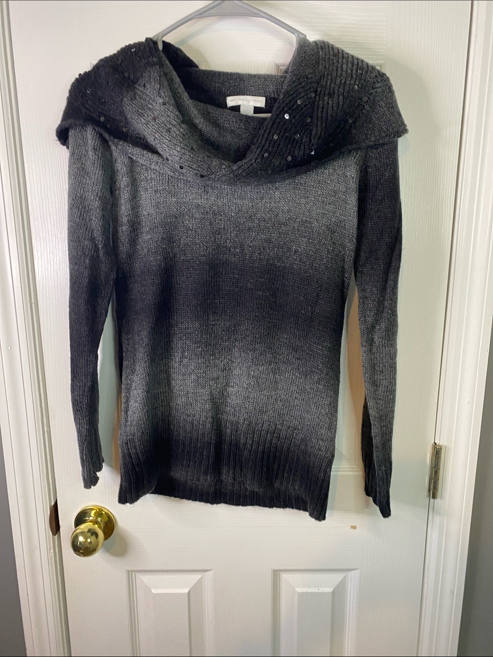 New York & Company Dark Gray Black Ombre Cowl Neck Sweater with Sequin XSmall.